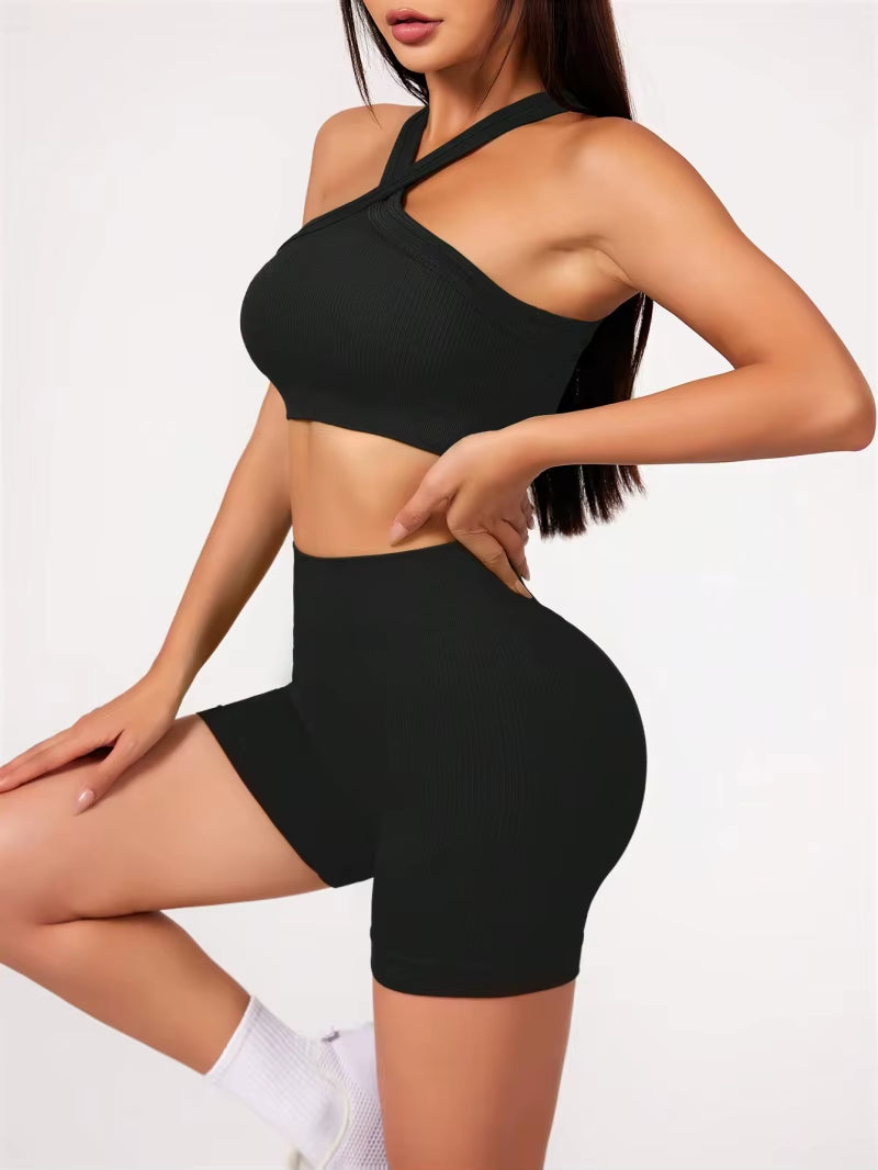 2 Pcs Yoga Sets Naked Feel Gym Set Dames Trainingskleding Hoge Taille Yoga Shorts en Strappy Sportbeha Korte Sets Zomer