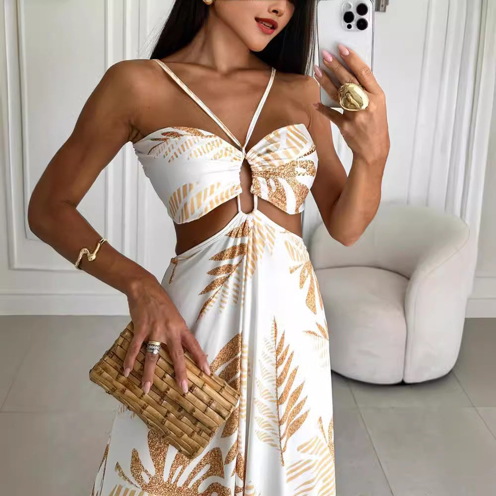 🌿 Tropische Maxi-jurk met Cut-out & Strikdetail – Elegant & Zomers