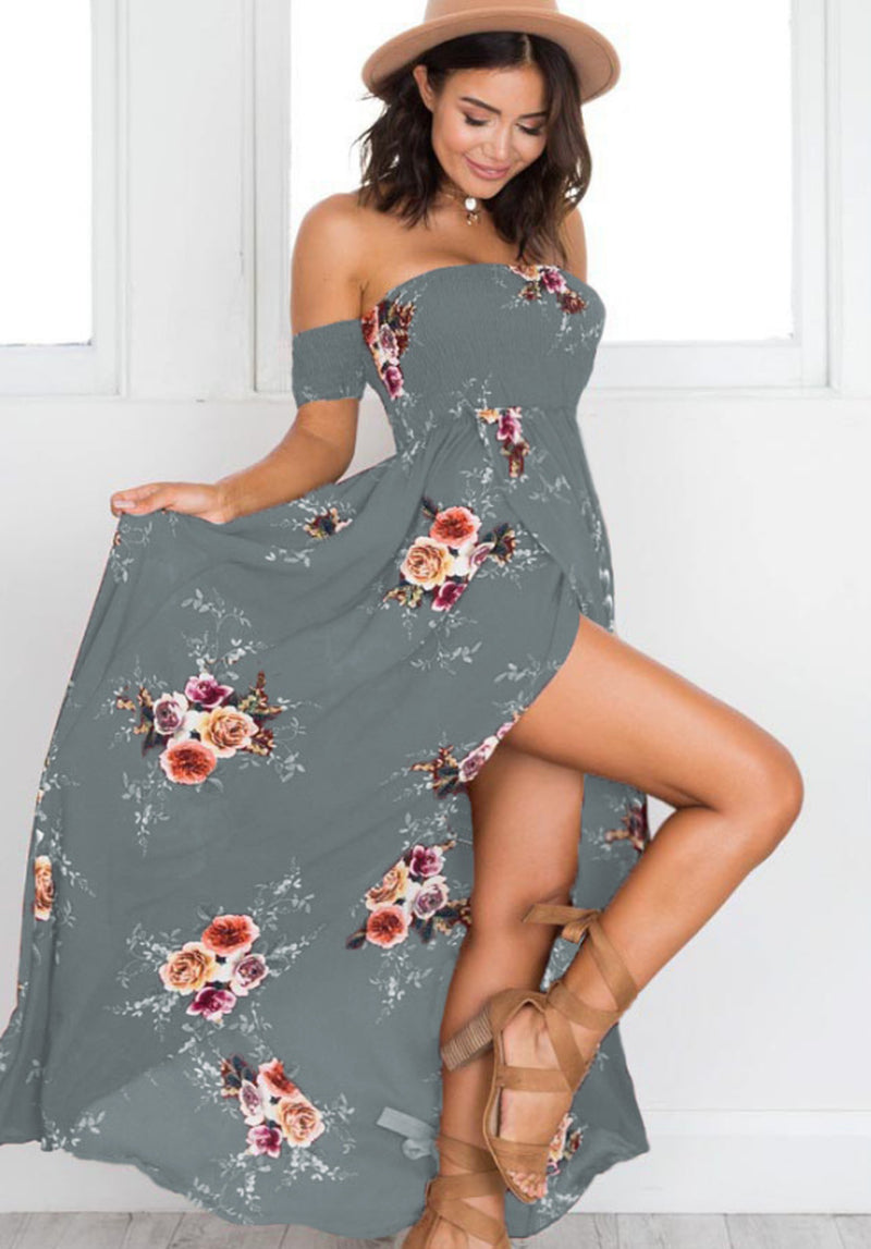 Off-Shoulder Maxi-jurk met Bloemenprint – Romantische Zomerlook