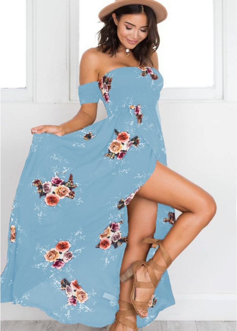 Off-Shoulder Maxi-jurk met Bloemenprint – Romantische Zomerlook
