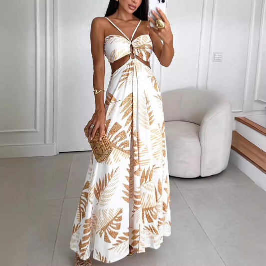 🌿 Tropische Maxi-jurk met Cut-out & Strikdetail – Elegant & Zomers
