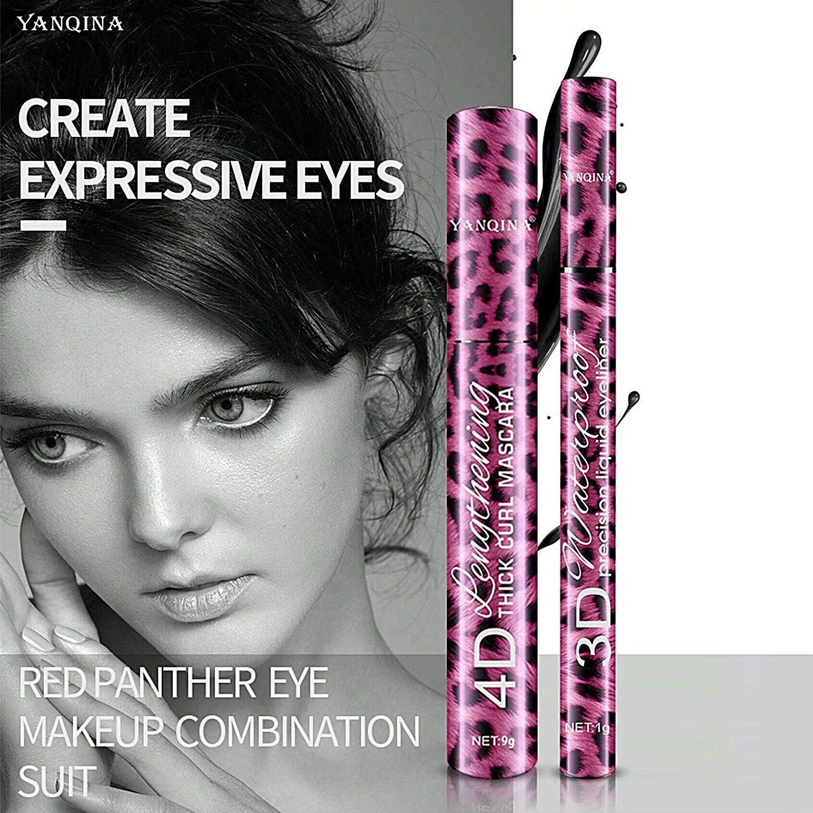 Panterprint editie Vloeibare Eyeliner Potlood 4D Waterproof Mascara Set Cosmetica Eye Liner Dikke Krullende Mascara Wenkbrauw Potlood Ogen Make-up