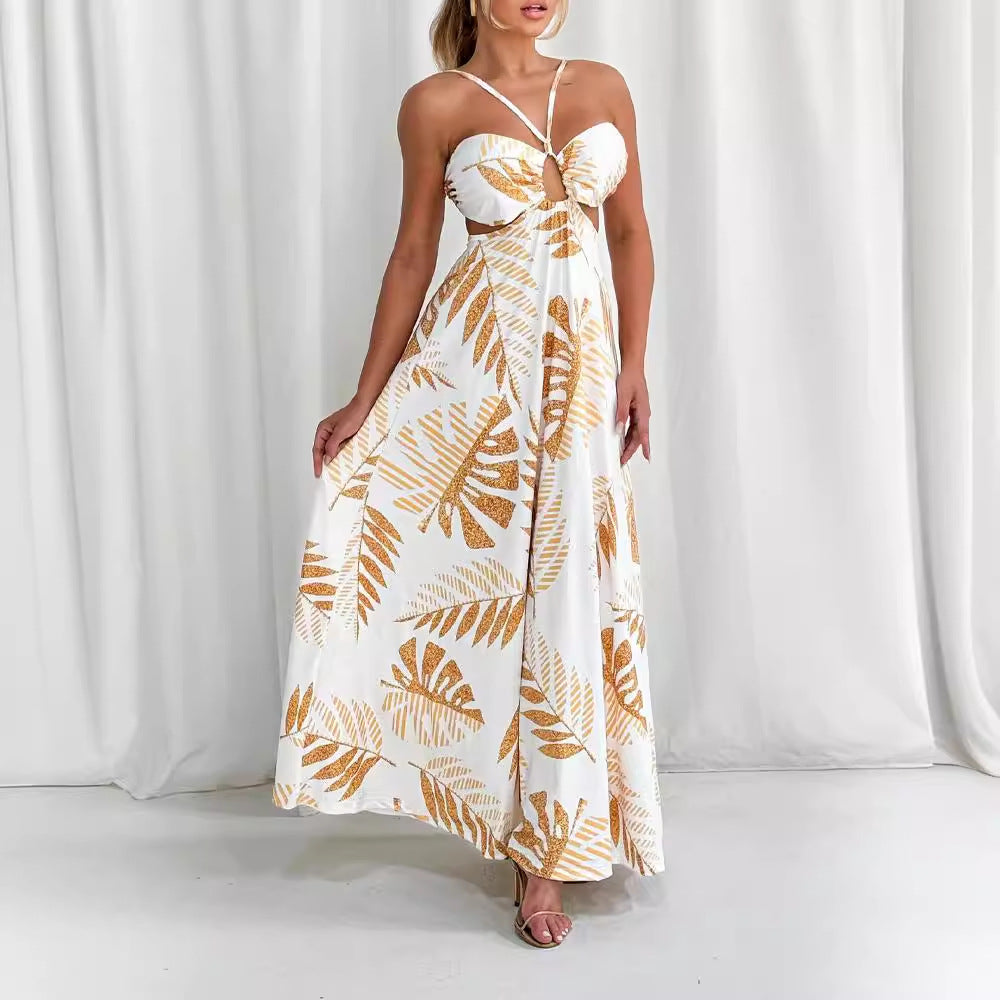 🌿 Tropische Maxi-jurk met Cut-out & Strikdetail – Elegant & Zomers