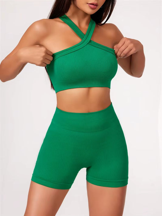 2 Pcs Yoga Sets Naked Feel Gym Set Dames Trainingskleding Hoge Taille Yoga Shorts en Strappy Sportbeha Korte Sets Zomer