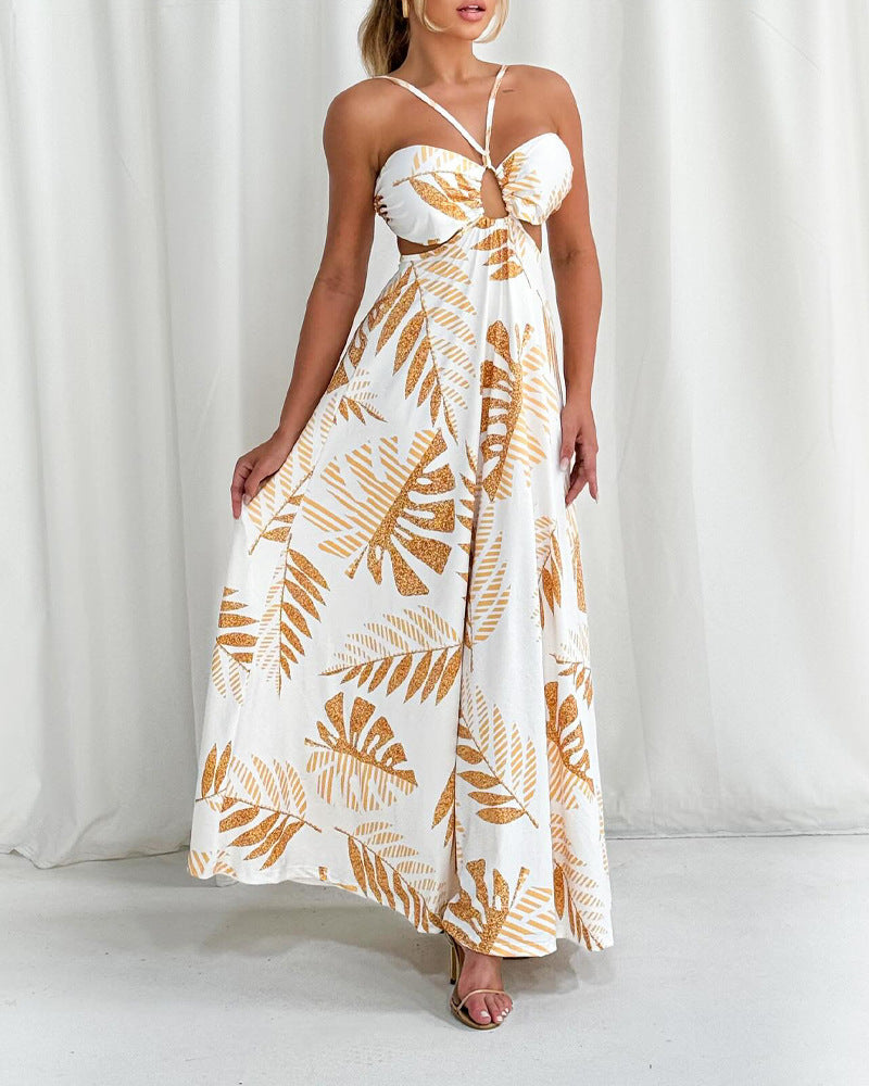 🌿 Tropische Maxi-jurk met Cut-out & Strikdetail – Elegant & Zomers