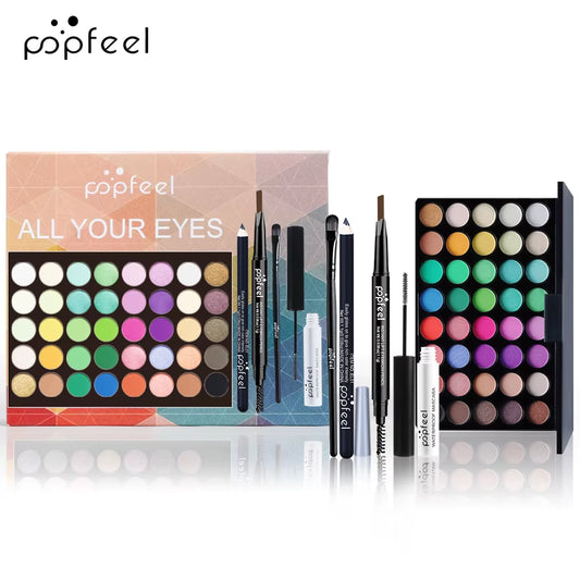 Oogmake-upset, oogschaduwpalet, eyeliner, mascara, wenkbrauwpotlood, make-uptoolset, cadeaus voor vrouwen