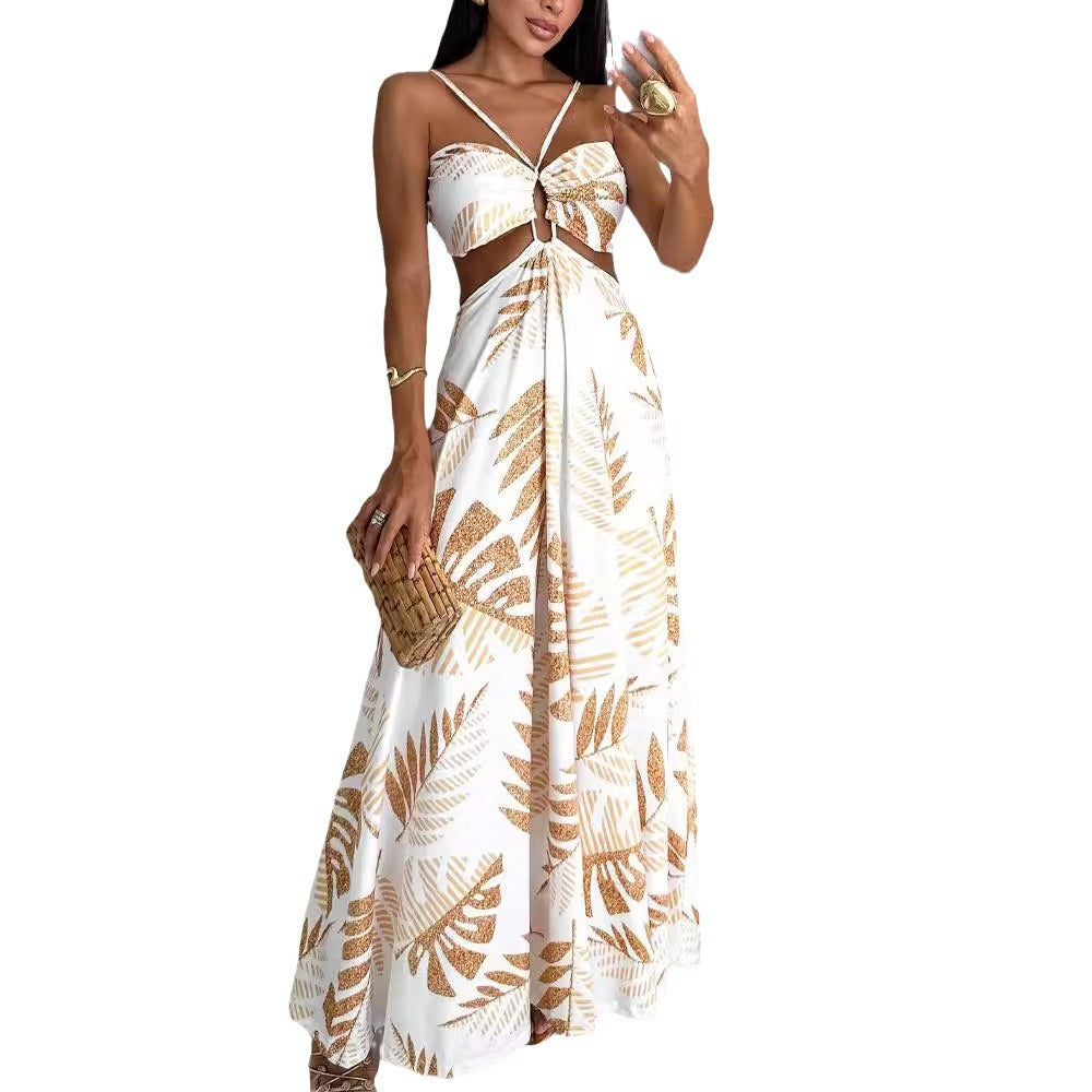 🌿 Tropische Maxi-jurk met Cut-out & Strikdetail – Elegant & Zomers