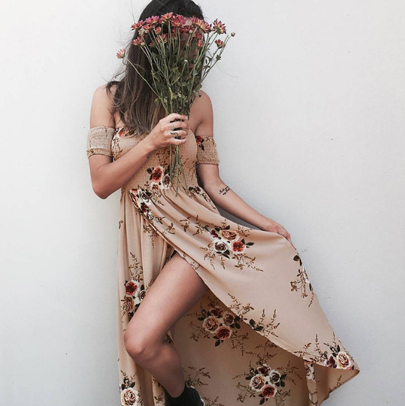 Off-Shoulder Maxi-jurk met Bloemenprint – Romantische Zomerlook