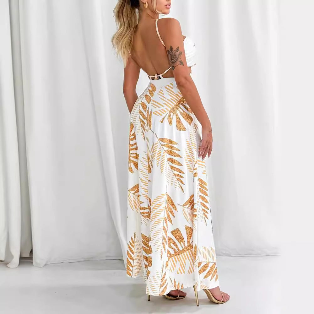 🌿 Tropische Maxi-jurk met Cut-out & Strikdetail – Elegant & Zomers