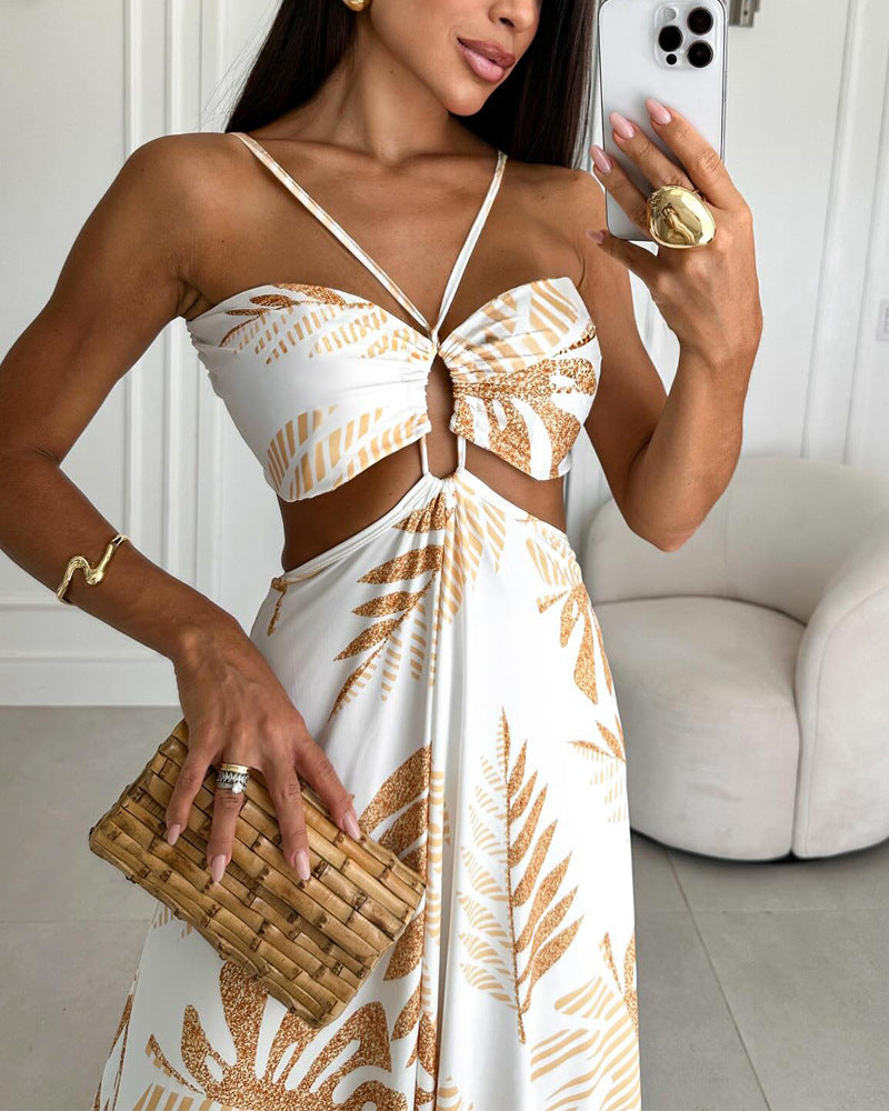 🌿 Tropische Maxi-jurk met Cut-out & Strikdetail – Elegant & Zomers